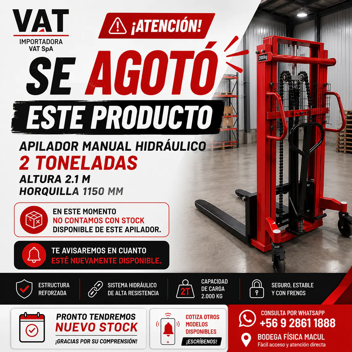 Apilador Manual Hidráulico 2T 2M Horquilla 1150mm (Precio + IVA) 1