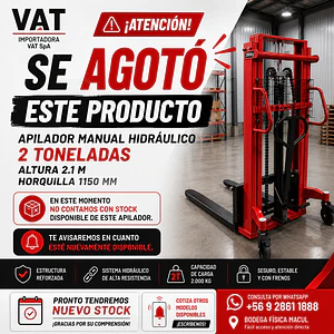 Apilador Manual Hidráulico 2T 2M Horquilla 1150mm (Precio + IVA)