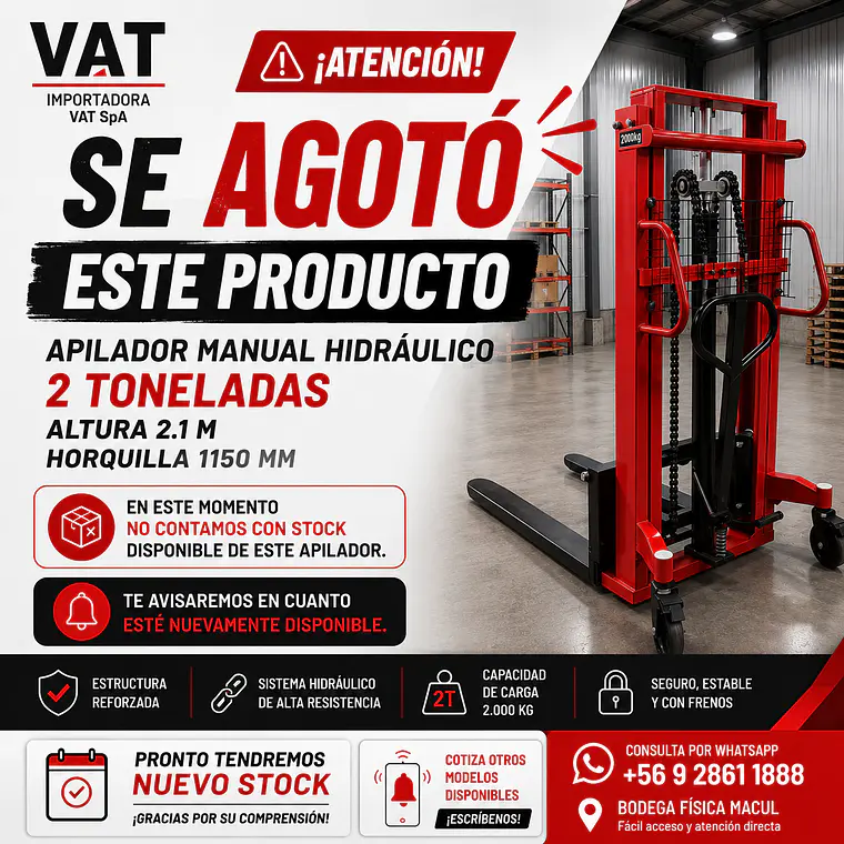 Apilador Manual Hidráulico 2T 2M Horquilla 1150mm (Precio + IVA) 1