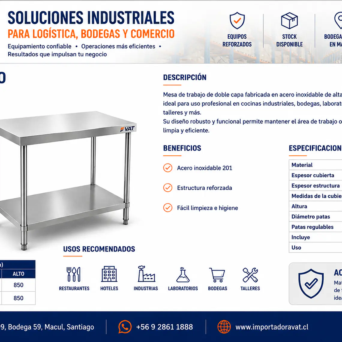 Mesa de Trabajo Doble Capa 1000x600x850mm – Acero Inox 201 | Cód. MT-2C-1000 (Precio + IVA) 2