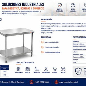 Mesa de Trabajo Doble Capa 1000x600x850mm – Acero Inox 201 | Cód. MT-2C-1000 (Precio + IVA)