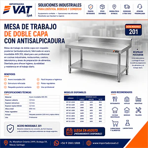 Mesa Doble Capa con Antisalpicadura 1000x600x850mm – Acero Inox 201 | Cód. MT-2C-1000 (Precio + IVA)