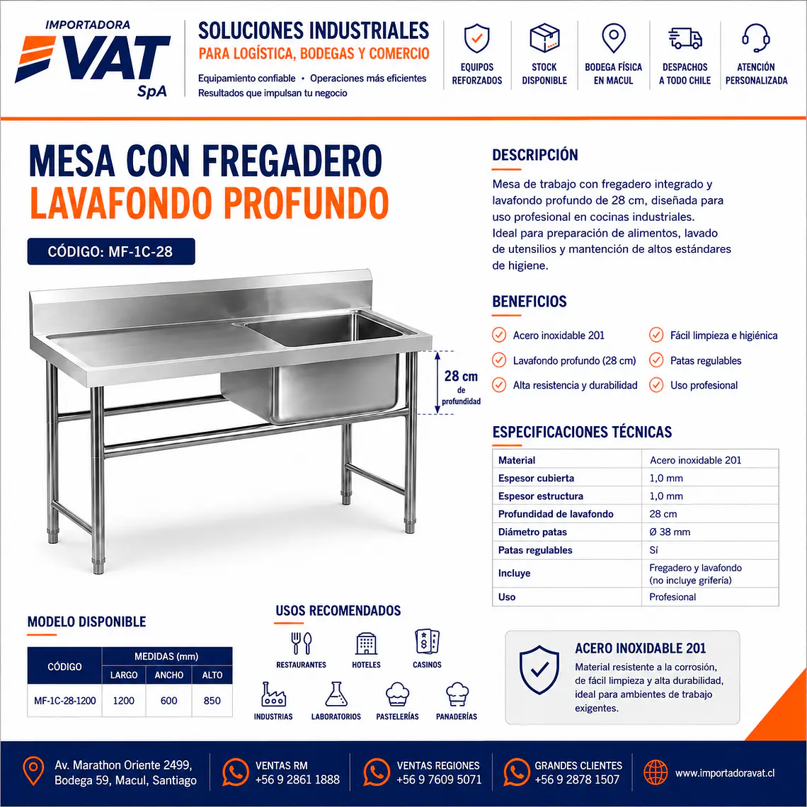 Mesa con Fregadero Lavafondo 28cm 1200x600x850mm – Acero Inox 201 | Cód. MF-1C-28-1200 (Precio + IVA) 2