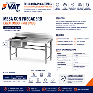 Mesa con Fregadero Izquierdo Lavafondo 28cm 1200x600x850mm – Acero Inox 201 | Cód. MF-1C-28I-1200 (Precio + IVA)