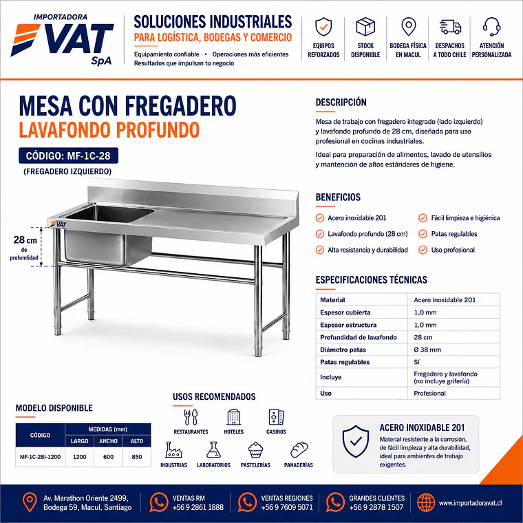 Mesa con Fregadero Izquierdo Lavafondo 28cm 1200x600x850mm – Acero Inox 201 | Cód. MF-1C-28I-1200 (Precio + IVA) 2