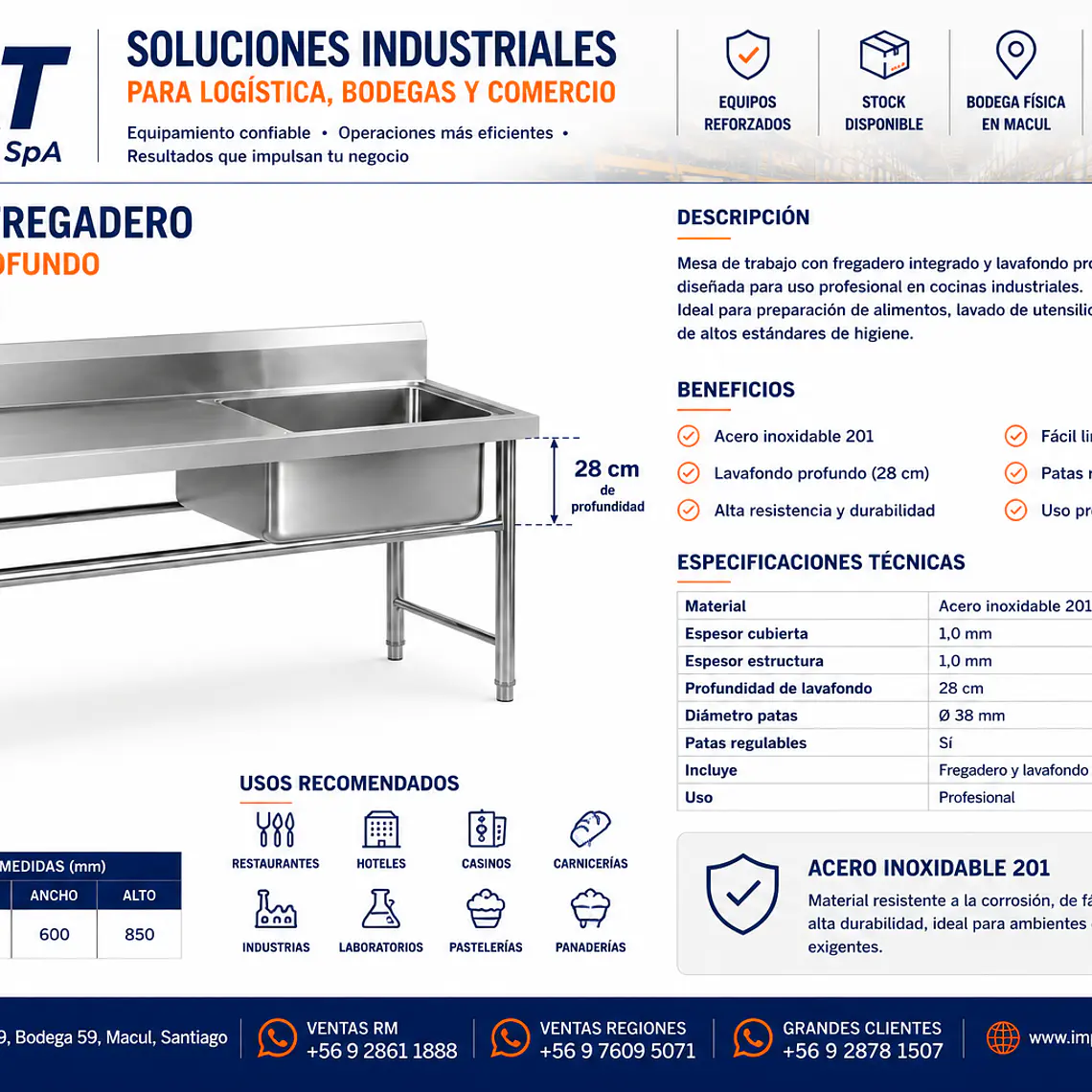 Lavafondo con 1 Escurridor Izquierdo 120x60x85cm – Acero Inoxidable 201 | Cód. MF-1C-28-1200 (Precio + IVA) 2