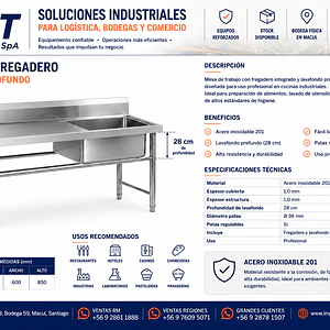 Lavafondo con 1 Escurridor Izquierdo 120x60x85cm – Acero Inoxidable 201 | Cód. MF-1C-28-1200 (Precio + IVA)