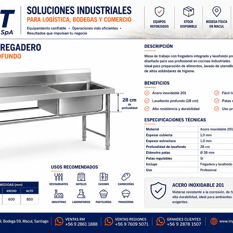 Lavafondo con 1 Escurridor Izquierdo 120x60x85cm – Acero Inoxidable 201 | Cód. MF-1C-28-1200 (Precio + IVA) 2