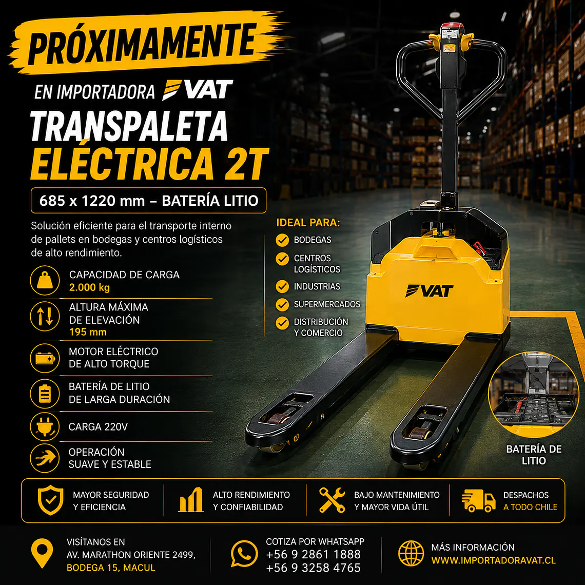 Transpaleta Eléctrica 2T 685x1220mm – Batería Litio (Precio + IVA) 1