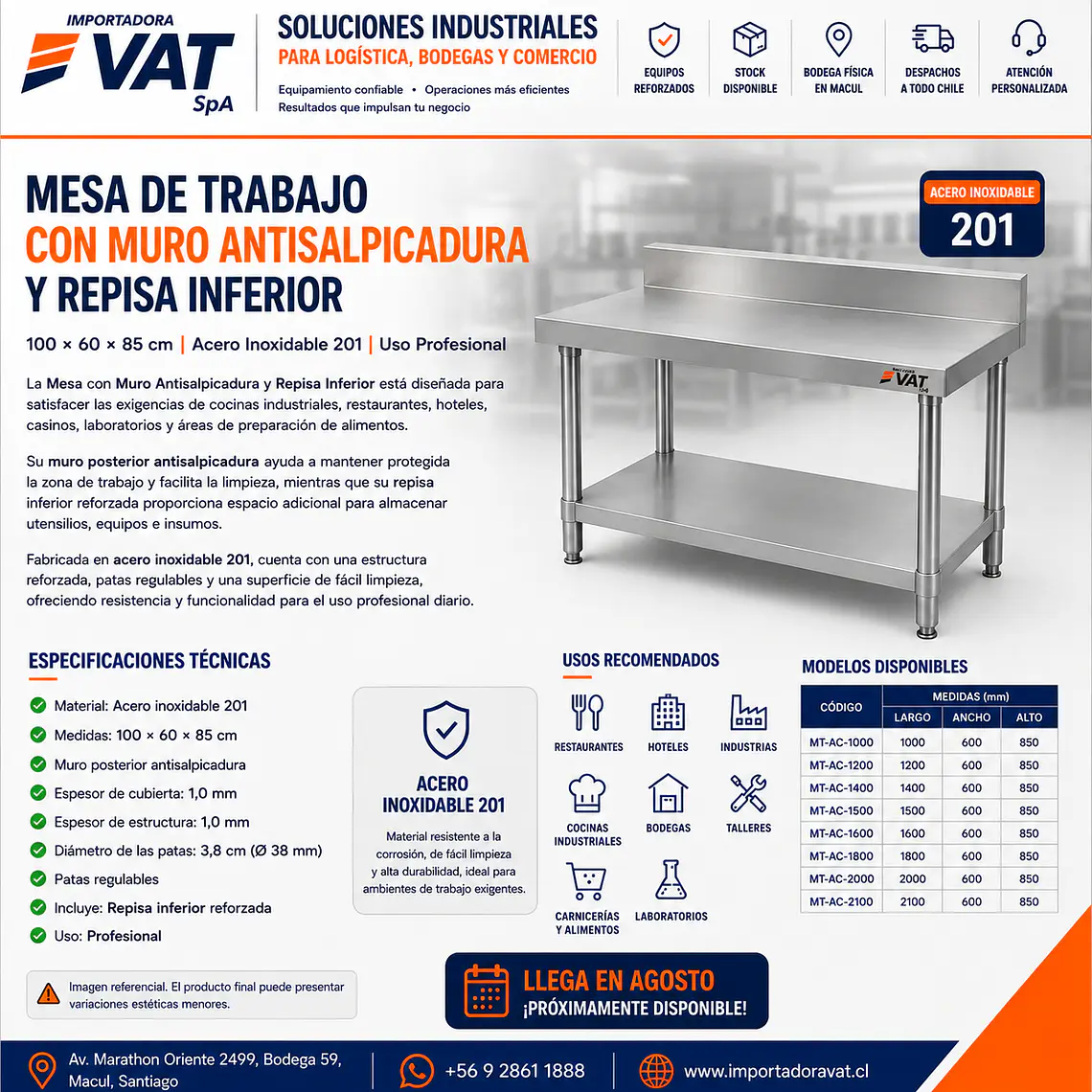 Mesa con Muro Antisalpicadura y Repisa Inferior 100x60x85cm – Acero Inoxidable 201 | Cód. MT-2C-1000 (Precio + IVA) 2