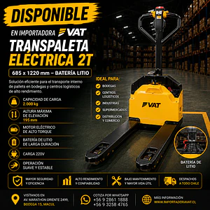 Transpaleta Eléctrica 2T 685x1220mm – Batería Litio (Precio + IVA)
