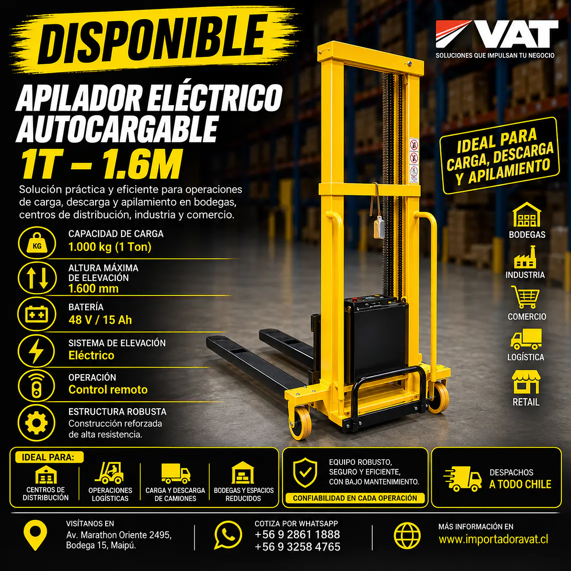 Apilador Eléctrico / Carretilla Autocargable 1T – 1.6M (Precio + IVA) 1
