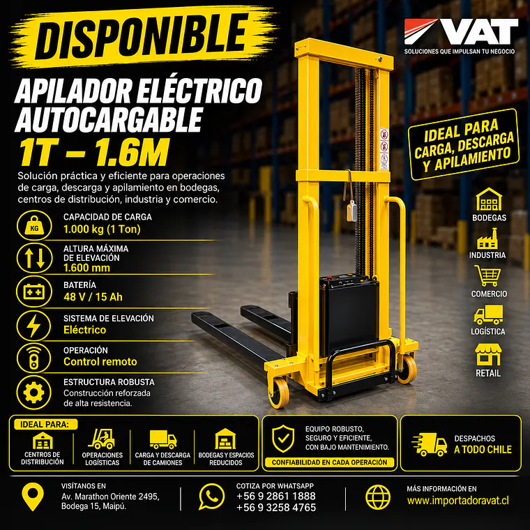 Apilador Eléctrico / Carretilla Autocargable 1T – 1.6M (Precio + IVA) 1