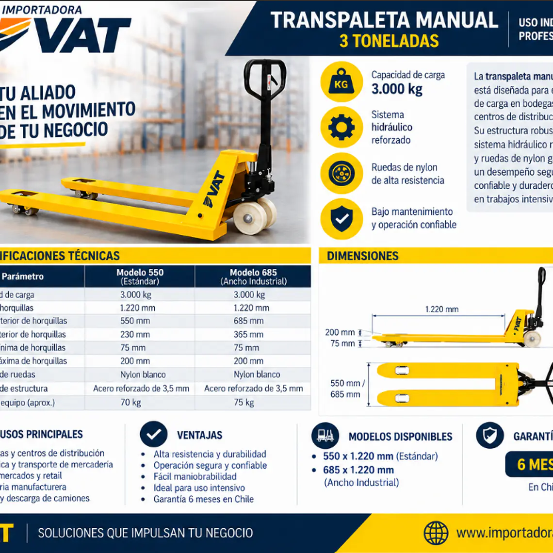 Transpaleta REFORZADA - ACERO 3.5mm - Manual 3T 685x1220mm VAT  (Precio + IVA) 3