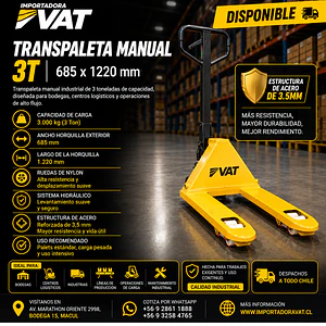 Transpaleta REFORZADA - ACERO 3.5mm - Manual 3T 685x1220mm VAT  (Precio + IVA)