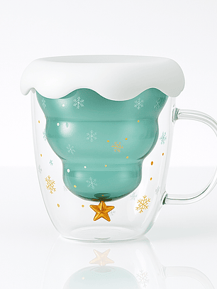Taza Navideña de Vidrio Doble Capa 300ml – Diseño Premium con Árbol y Estrella