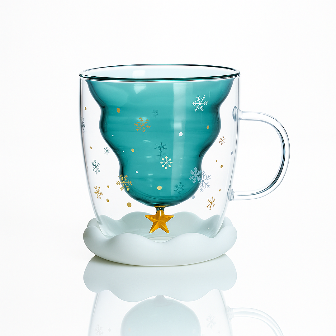 Taza Navideña de Vidrio Doble Capa 300ml – Diseño Premium con Árbol y Estrella 3