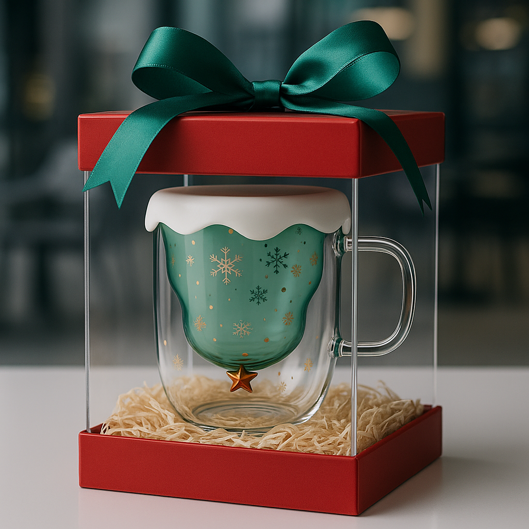 Taza Navideña de Vidrio Doble Capa 300ml – Diseño Premium con Árbol y Estrella 7