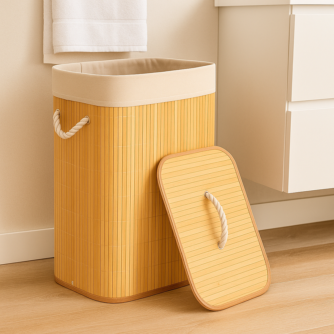 Cesto Organizador de Ropa Sucia de Bambú – 60 cm, con Tapa y Asas de Cuerda | Elegante y Resistente 4