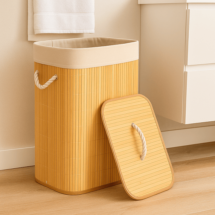 Cesto Organizador de Ropa Sucia de Bambú – 60 cm, con Tapa y Asas de Cuerda | Elegante y Resistente 4