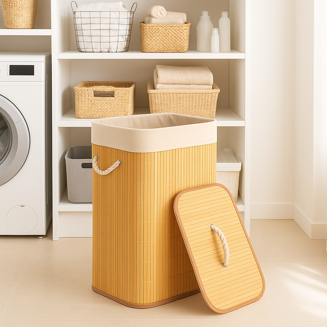 Cesto Organizador de Ropa Sucia de Bambú – 60 cm, con Tapa y Asas de Cuerda | Elegante y Resistente 7