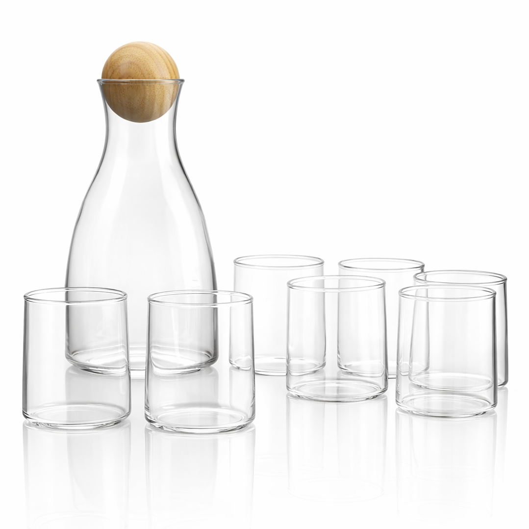 Juego de licorera de vidrio con tapa de madera + 6 vasos elegantes | Set premium para bar y hogar 1