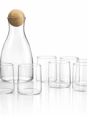 Juego de licorera de vidrio con tapa de madera + 6 vasos elegantes | Set premium para bar y hogar