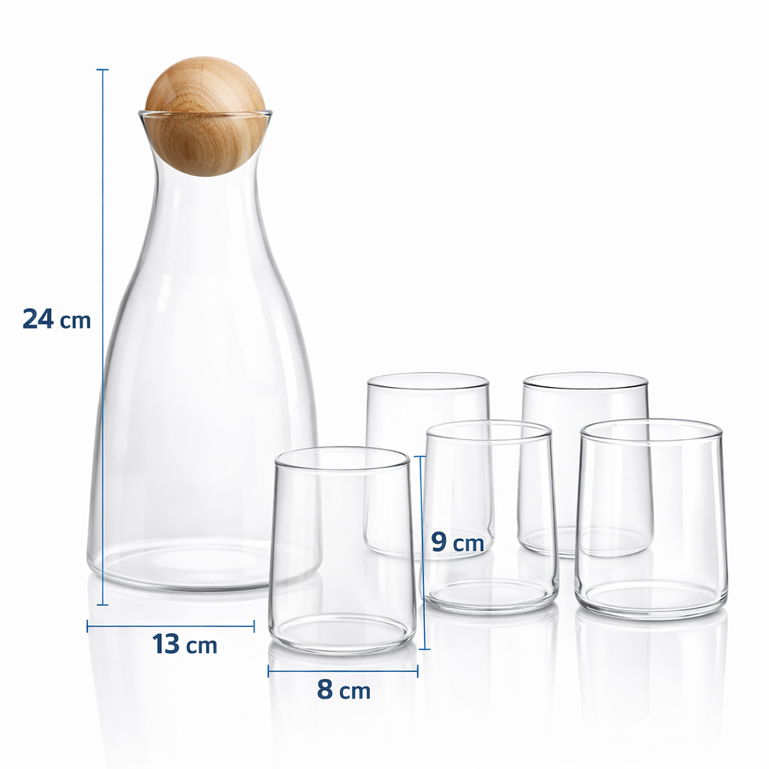 Juego de licorera de vidrio con tapa de madera + 6 vasos elegantes | Set premium para bar y hogar 4