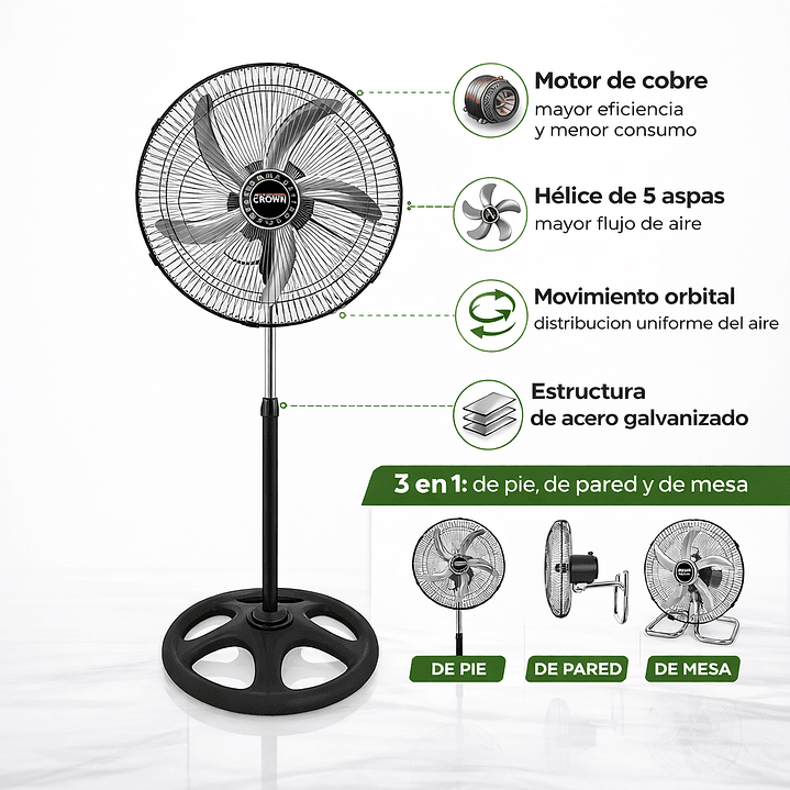 Ventilador de Pie Crown Orbital 3 en 1 – Potente, Silencioso y Ajustable 1