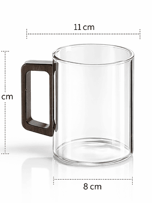 Set de 4 Tazas de Vidrio con Asa de Madera (10 cm alto x 12 cm ancho)