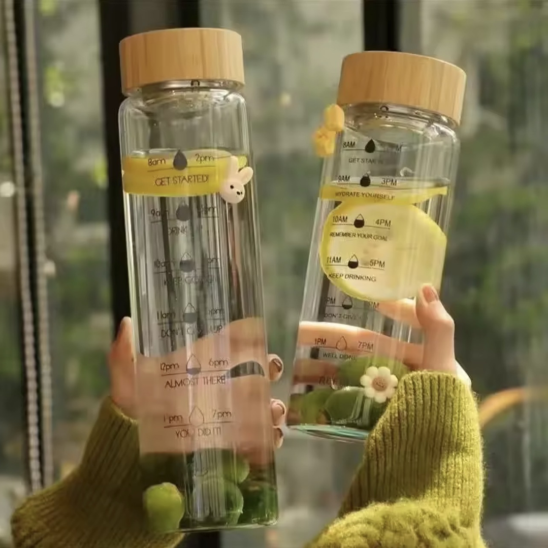 Botella de Vidrio Borosilicato 1L con Tapa de Bambú – Botella Motivacional de Hidratación 2