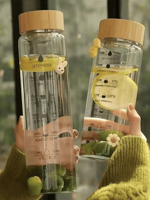 Botella de Vidrio Borosilicato 1L con Tapa de Bambú – Botella Motivacional de Hidratación