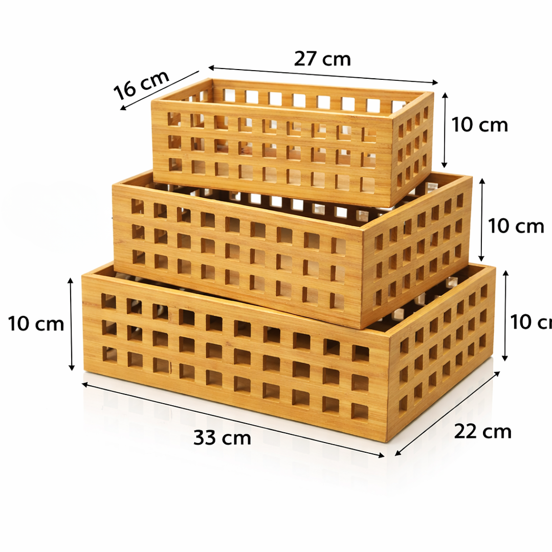 Set de 3 Organizadores de Bambú para Cocina y Hogar | Cajas de Almacenamiento Multiuso 3