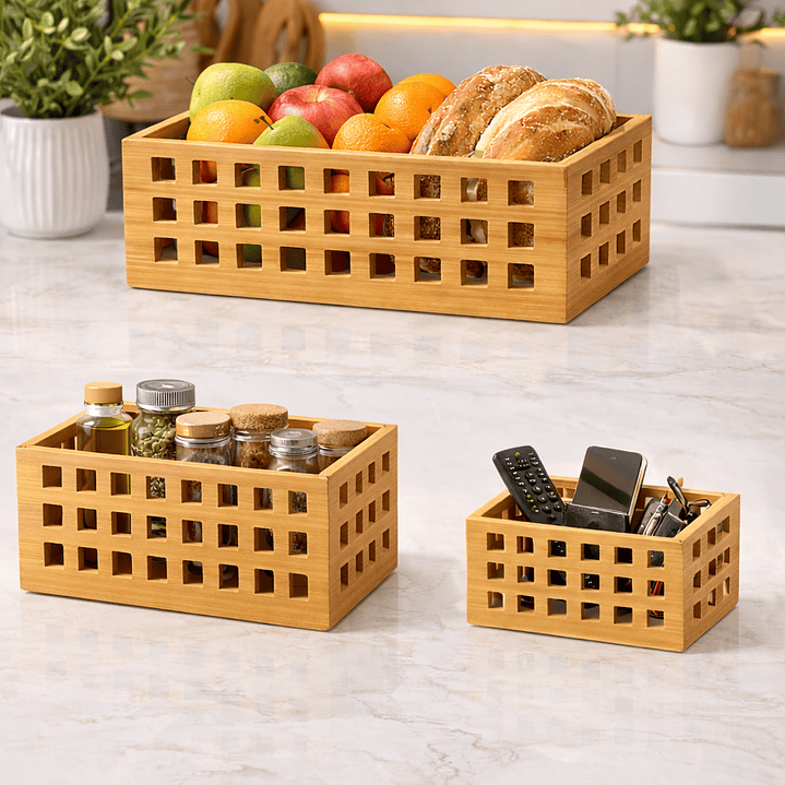 Set de 3 Organizadores de Bambú para Cocina y Hogar | Cajas de Almacenamiento Multiuso 4