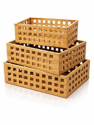 Set de 3 Organizadores de Bambú para Cocina y Hogar | Cajas de Almacenamiento Multiuso