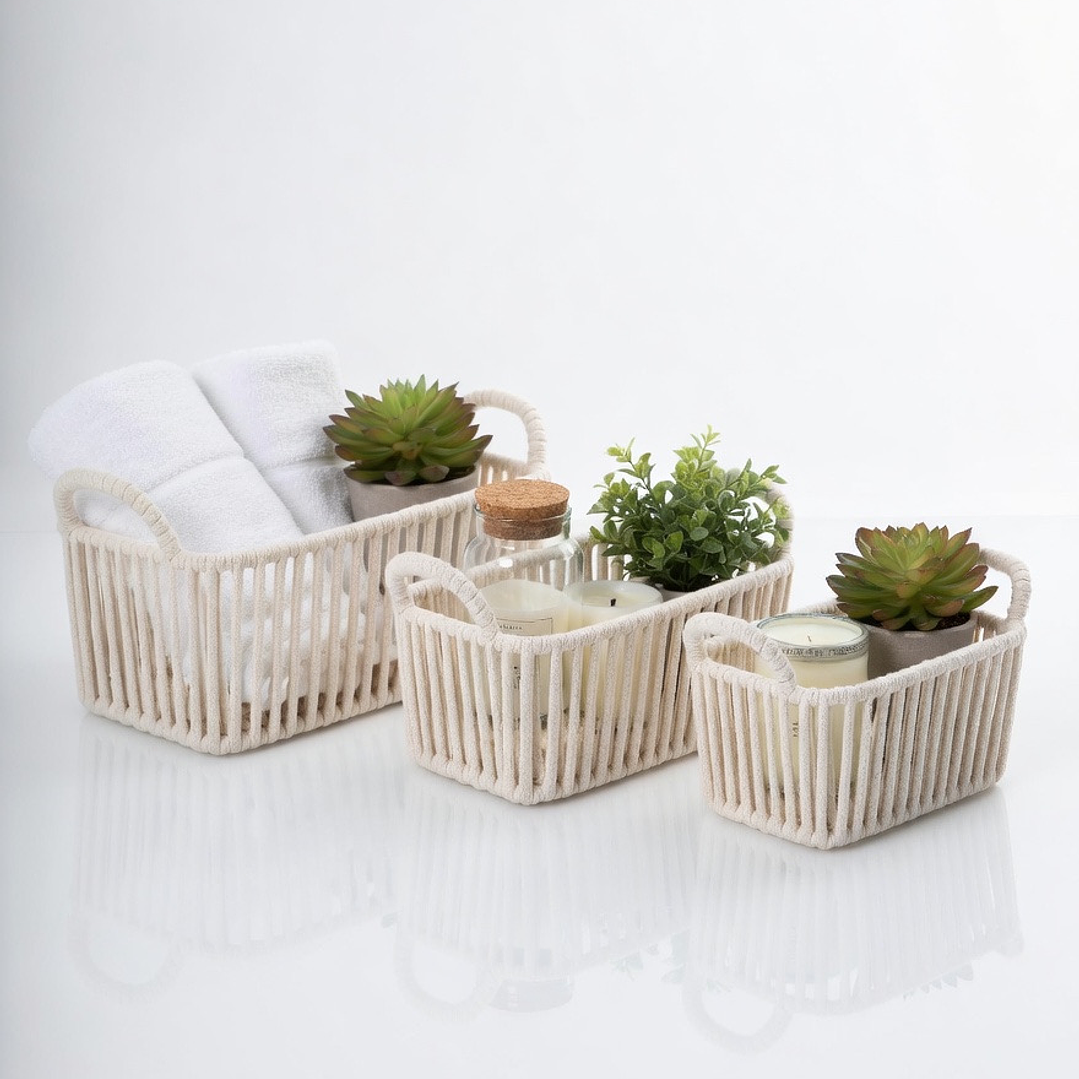 Set de 3 Cestas Organizadoras de Cuerda de Algodón con Asas | Canastas Decorativas Multiuso para Cocina, Baño, Dormitorio u Oficina 1