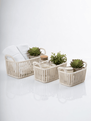 Set de 3 Cestas Organizadoras de Cuerda de Algodón con Asas | Canastas Decorativas Multiuso para Cocina, Baño, Dormitorio u Oficina