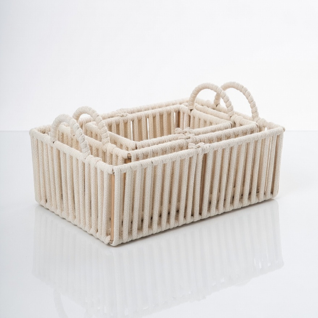 Set de 3 Cestas Organizadoras de Cuerda de Algodón con Asas | Canastas Decorativas Multiuso para Cocina, Baño, Dormitorio u Oficina 2