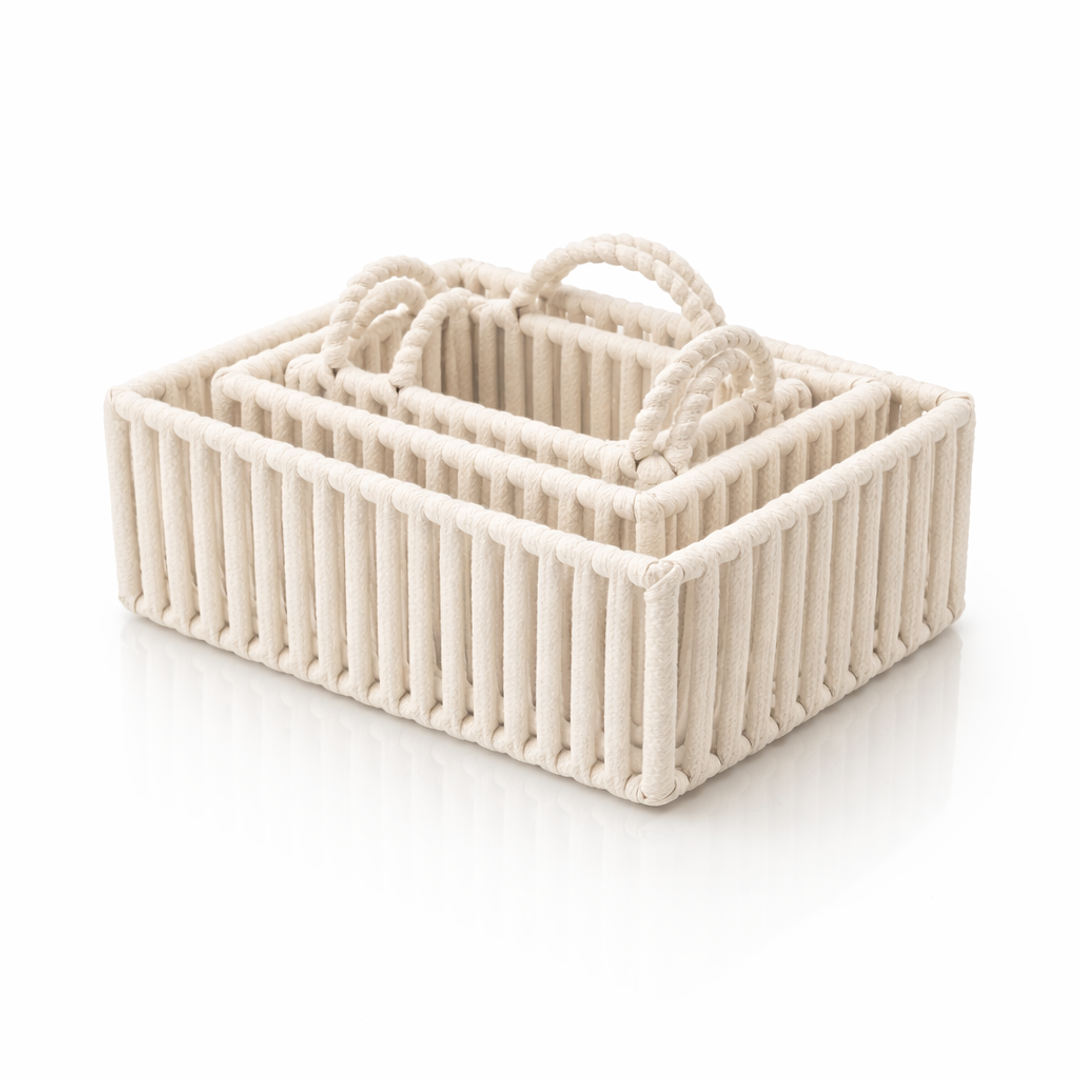 Set de 3 Cestas Organizadoras de Cuerda de Algodón con Asas | Canastas Decorativas Multiuso para Cocina, Baño, Dormitorio u Oficina 4