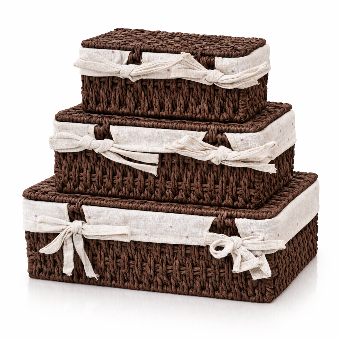 Set de 3 Cajas Organizadoras de Mimbre con Tapa | Cestos Decorativos para Hogar 4