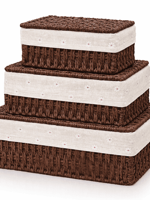 Set de 3 Cajas Organizadoras de Mimbre con Tapa | Cestos Decorativos para Hogar