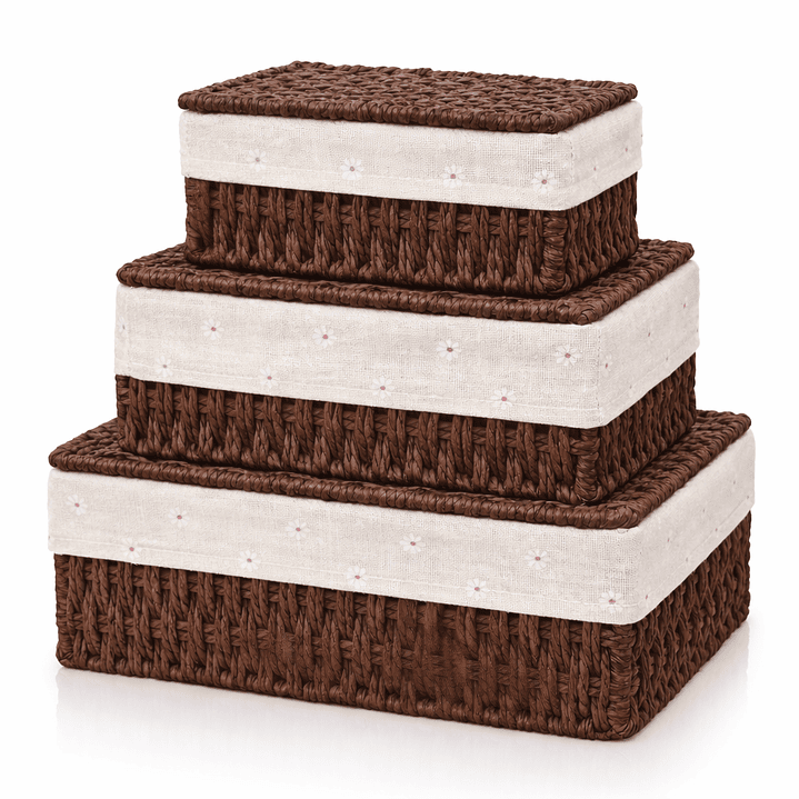 Set de 3 Cajas Organizadoras de Mimbre con Tapa | Cestos Decorativos para Hogar 1
