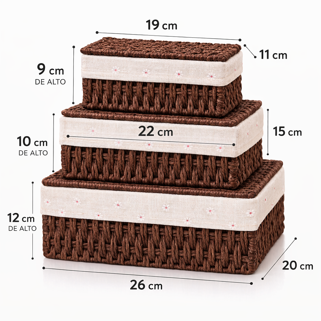 Set de 3 Cajas Organizadoras de Mimbre con Tapa | Cestos Decorativos para Hogar 5