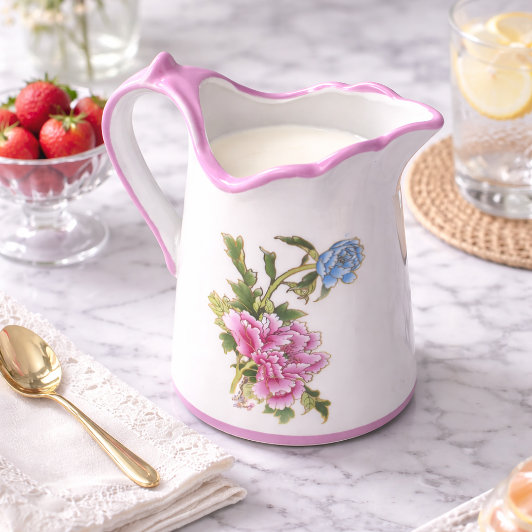 Jarra Decorativa de Cerámica Floral con Asa – Jarra Vintage para Agua, Flores o Decoración de Hogar 1