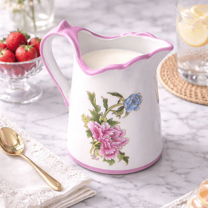 Jarra Decorativa de Cerámica Floral con Asa – Jarra Vintage para Agua, Flores o Decoración de Hogar 1