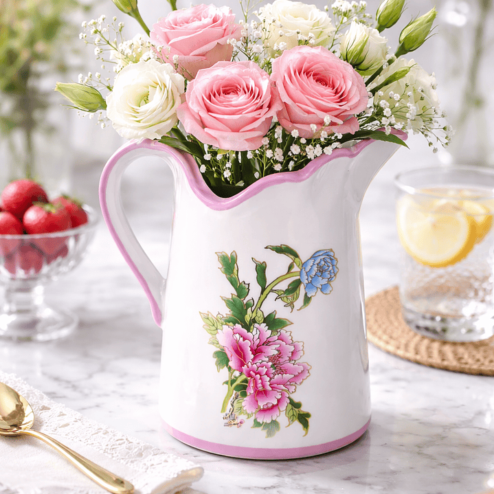 Jarra Decorativa de Cerámica Floral con Asa – Jarra Vintage para Agua, Flores o Decoración de Hogar 4