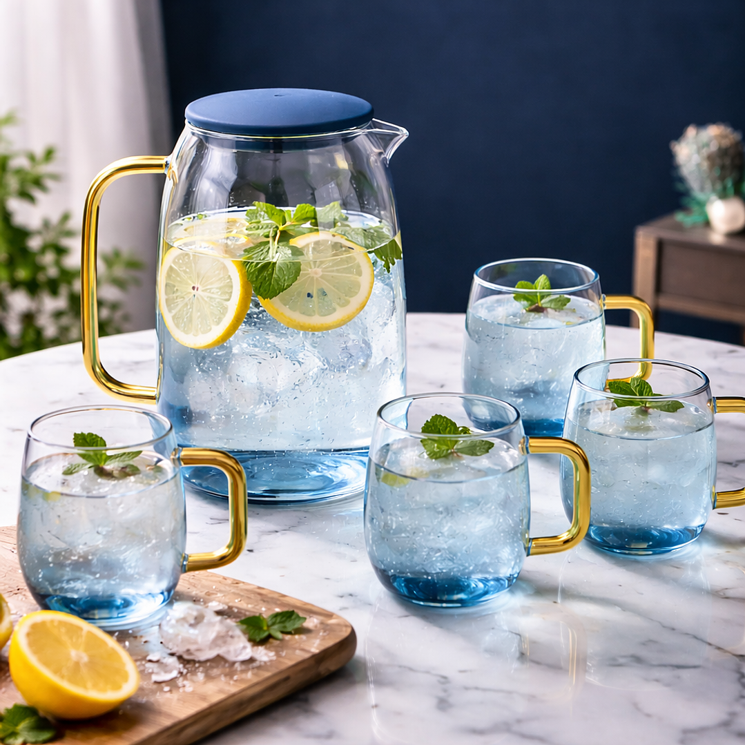 Juego de Jarra de Vidrio 1.5 L con 4 Tazas de 300 ml – Set de Jarra y Vasos de Vidrio Premium para Agua, Jugos y Bebidas 4
