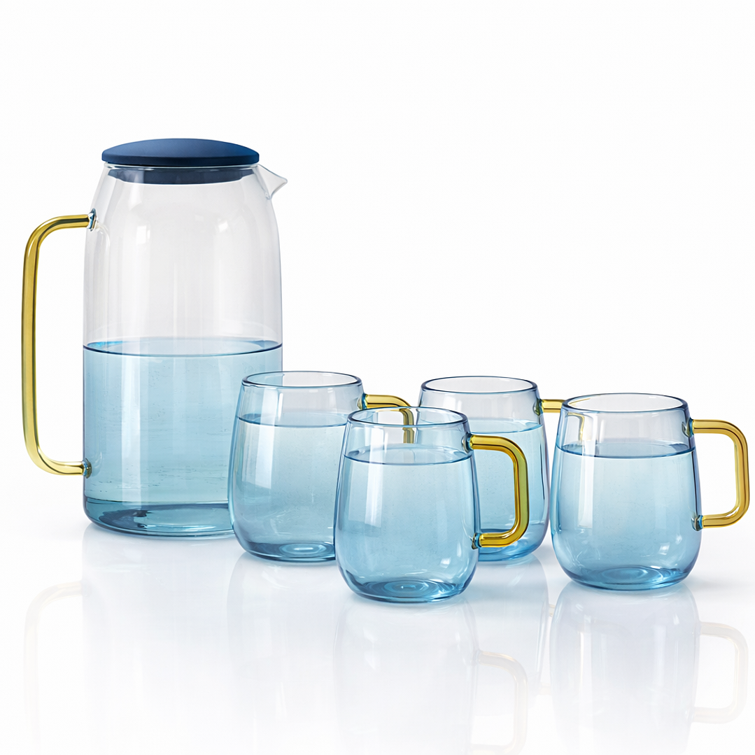 Juego de Jarra de Vidrio 1.5 L con 4 Tazas de 300 ml – Set de Jarra y Vasos de Vidrio Premium para Agua, Jugos y Bebidas 5