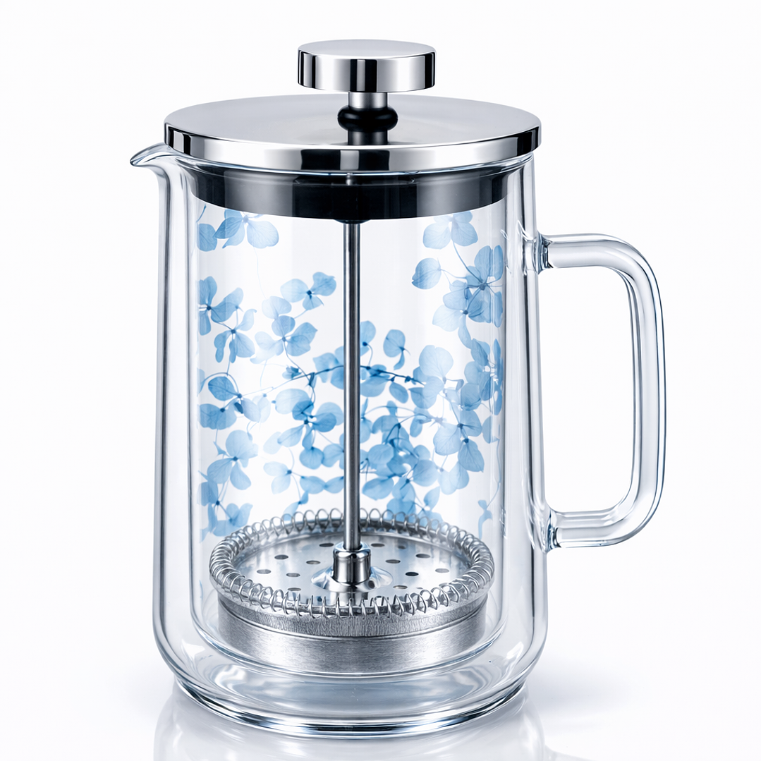 Jarra Cafetera de Vidrio Doble Pared 1 L con Flores Decorativas – Cafetera Prensa Francesa Elegante para Café o Infusiones 1