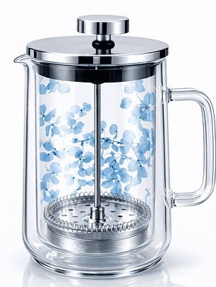 Jarra Cafetera de Vidrio Doble Pared 1 L con Flores Decorativas – Cafetera Prensa Francesa Elegante para Café o Infusiones